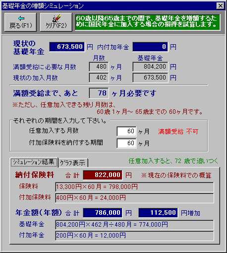 基礎年金の増額シミュレーション画面
